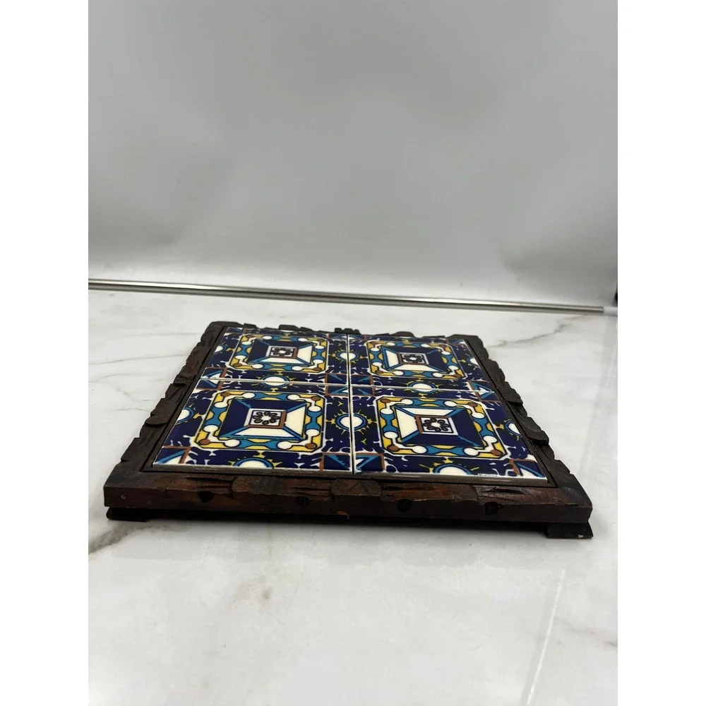 Vintage Orion Monterrey Mexico Ceramic Tile Trivet Carved Wood Frame Talavera